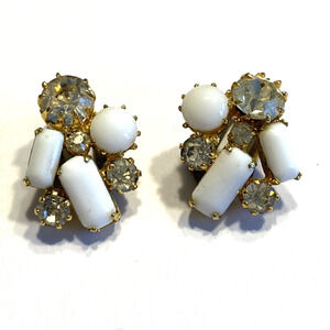 Vintage clip on earrings Austrian crystal & white milk glass goldtone classics